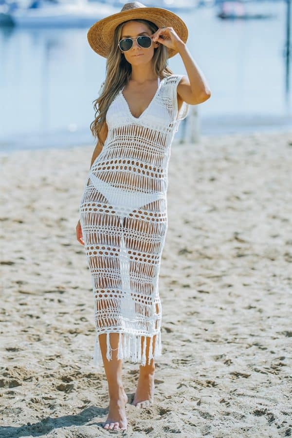 Hvid cover up strik lang strand kjole